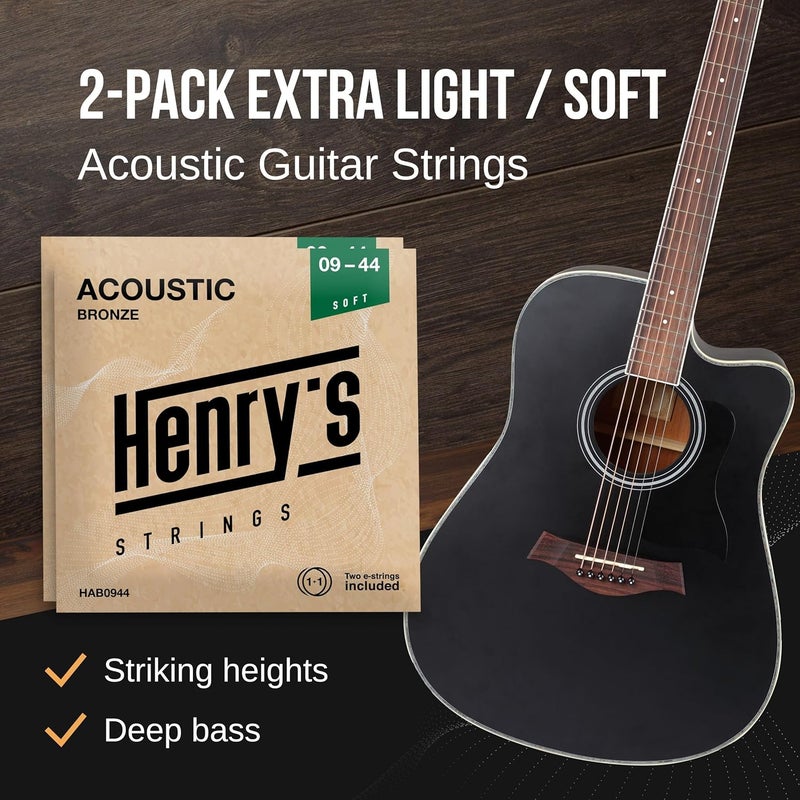 Henry's Strings 2-Pack Extra Light Acoustic Guitar Strings 09-44 - Easy On Fingers & Excellent Sound - Extra 2xE-1 String & 3xGuitar Picks - Super Light Acoustic Guitar Strings - Steel Guitar Strings Acoustic 6 Set - Image 2
